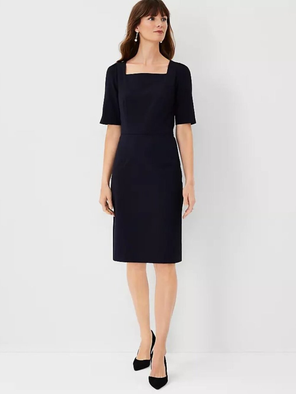NWT Ann Taylor Womens Petite Size 4 4P Navy Blue Square Neck Sheath Dress NEW